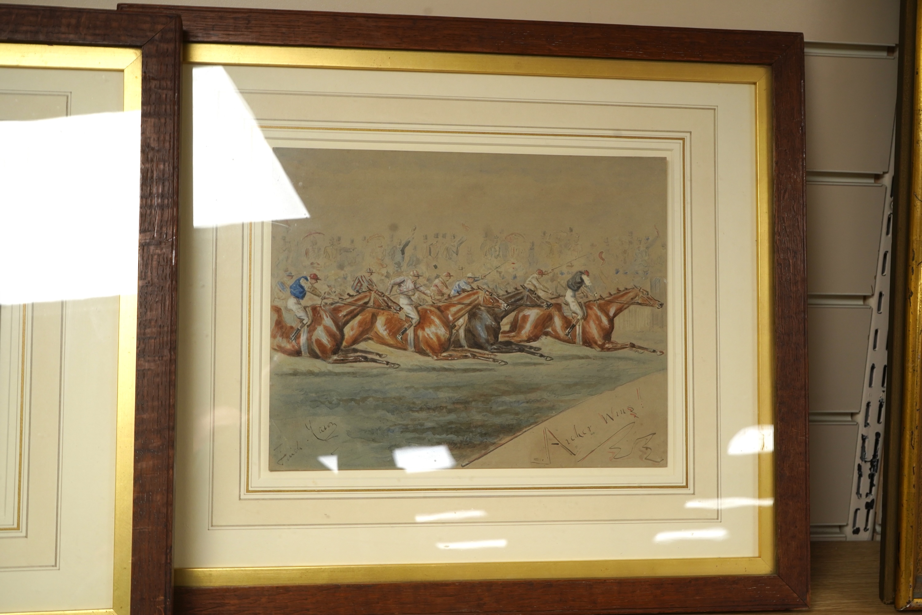 George Finch Mason (1850-1915), ‘Archer Wins!’ and ‘Findham Wins!’, each signed, pair of horse racing interest watercolours, 22 x 27cm together with George Finch Mason (1850-1915), Horse racing scenes, one titled ‘Fordli